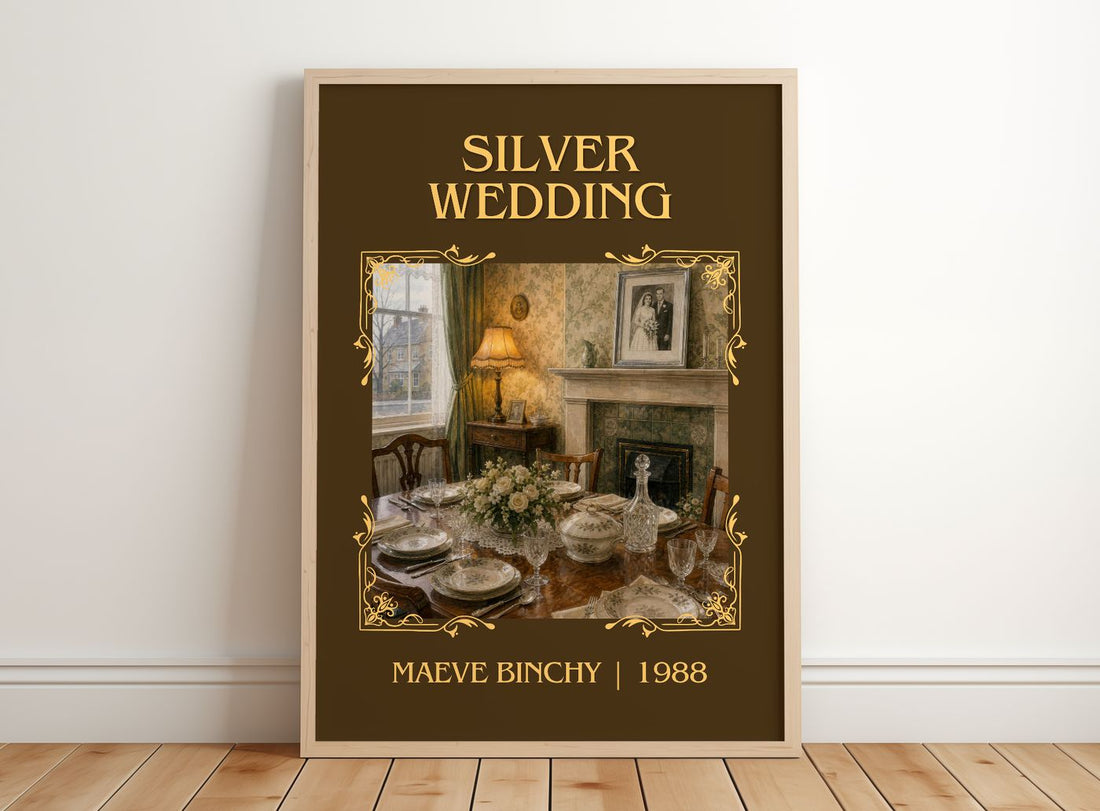 Silver Wedding Classic Book Art Print by Maeve Binchy – framed print leaning on a wooden floor
