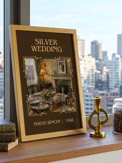 Silver Wedding Classic Book Art Print by Maeve Binchy – framed print on a city-view windowsill