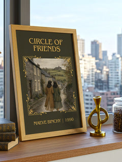 Circle of Friends Classic Book Art Print by Maeve Binchy – framed print on a city-view windowsill