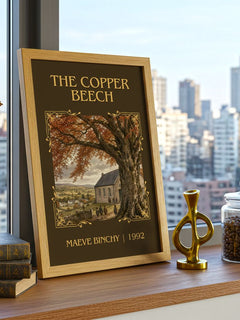 The Copper Beech Classic Book Art Print by Maeve Binchy – framed print on a city-view windowsill