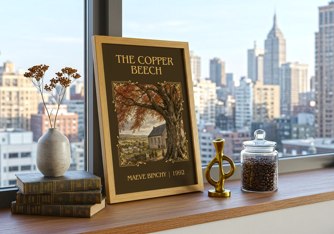 The Copper Beech Classic Book Art Print by Maeve Binchy – framed print on a city-view windowsill