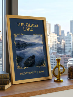 The Glass Lake Classic Book Art Print by Maeve Binchy – framed print on a city-view windowsill