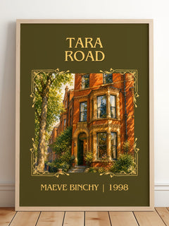 Tara Road Classic Book Art Print by Maeve Binchy – framed print leaning on a wooden floor