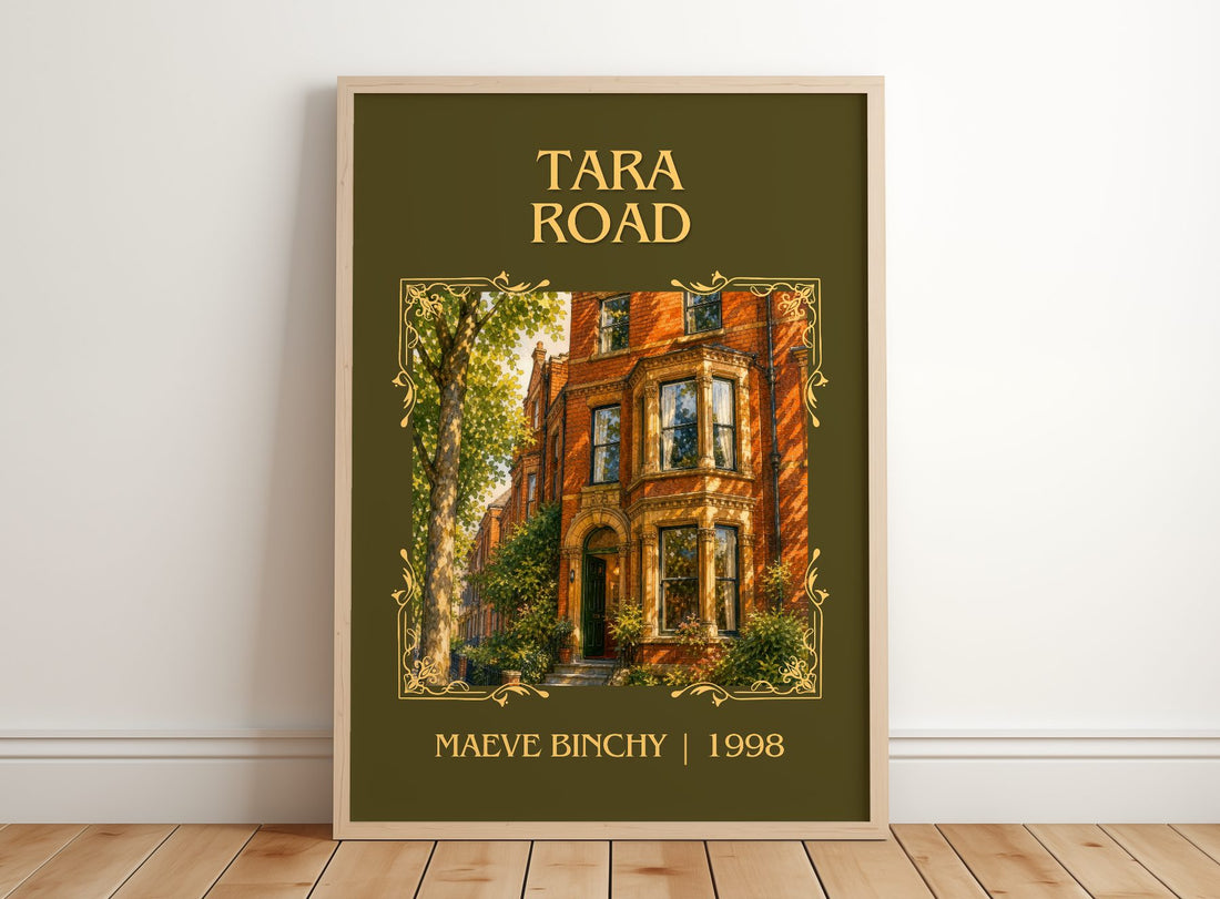Tara Road Classic Book Art Print by Maeve Binchy – framed print leaning on a wooden floor