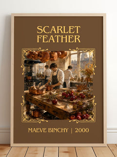 Scarlet Feather Classic Book Art Print by Maeve Binchy – framed print leaning on a wooden floor