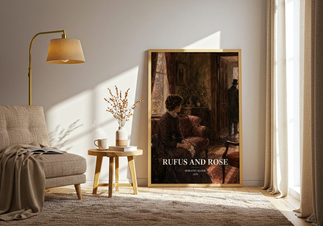 Rufus And Rose watercolour print in frame leaning in hallway – childrens wall art (mockup)