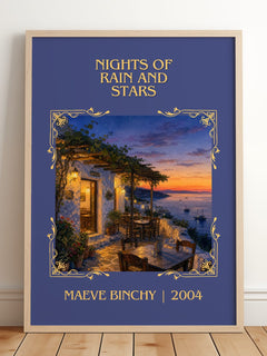 Nights of Rain and Stars Classic Book Art Print by Maeve Binchy – framed print leaning on a wooden floor