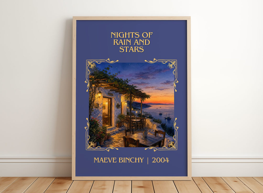 Nights of Rain and Stars Classic Book Art Print by Maeve Binchy – framed print leaning on a wooden floor