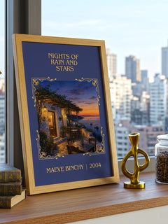 Nights of Rain and Stars Classic Book Art Print by Maeve Binchy – framed print on a city-view windowsill