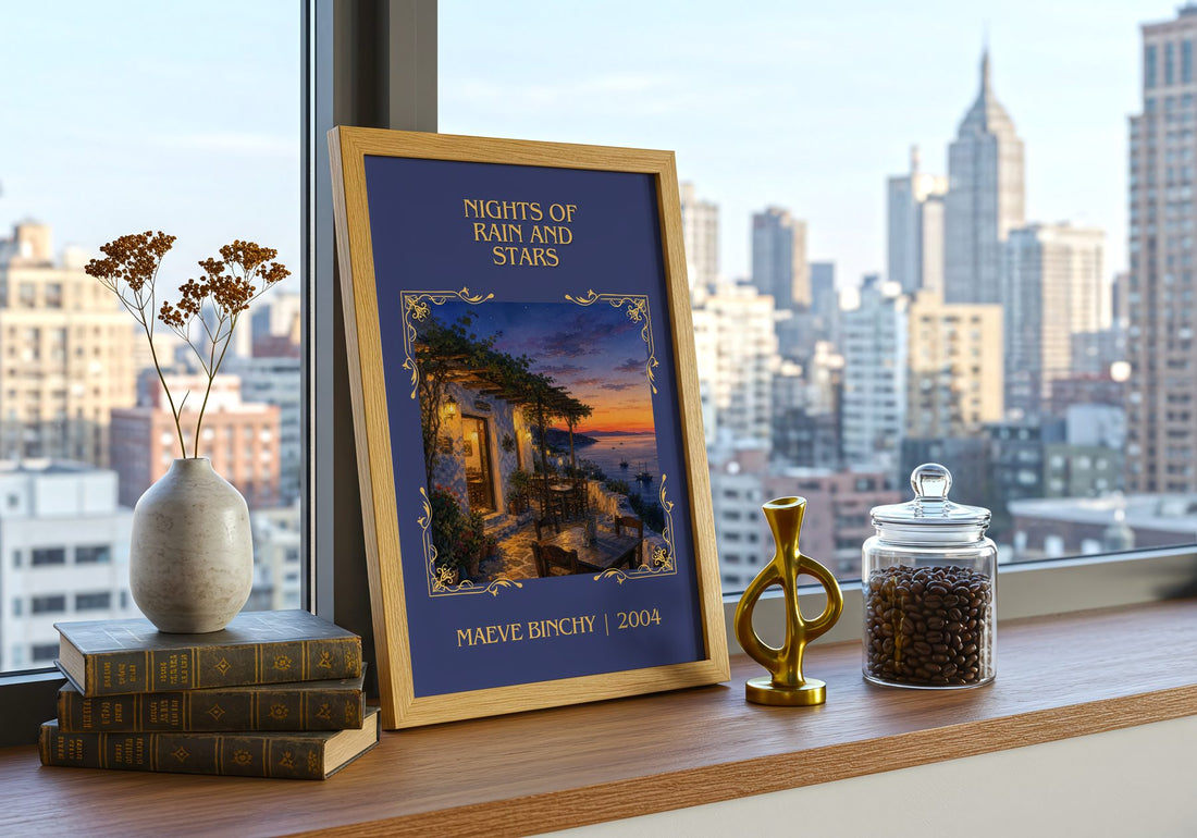 Nights of Rain and Stars Classic Book Art Print by Maeve Binchy – framed print on a city-view windowsill