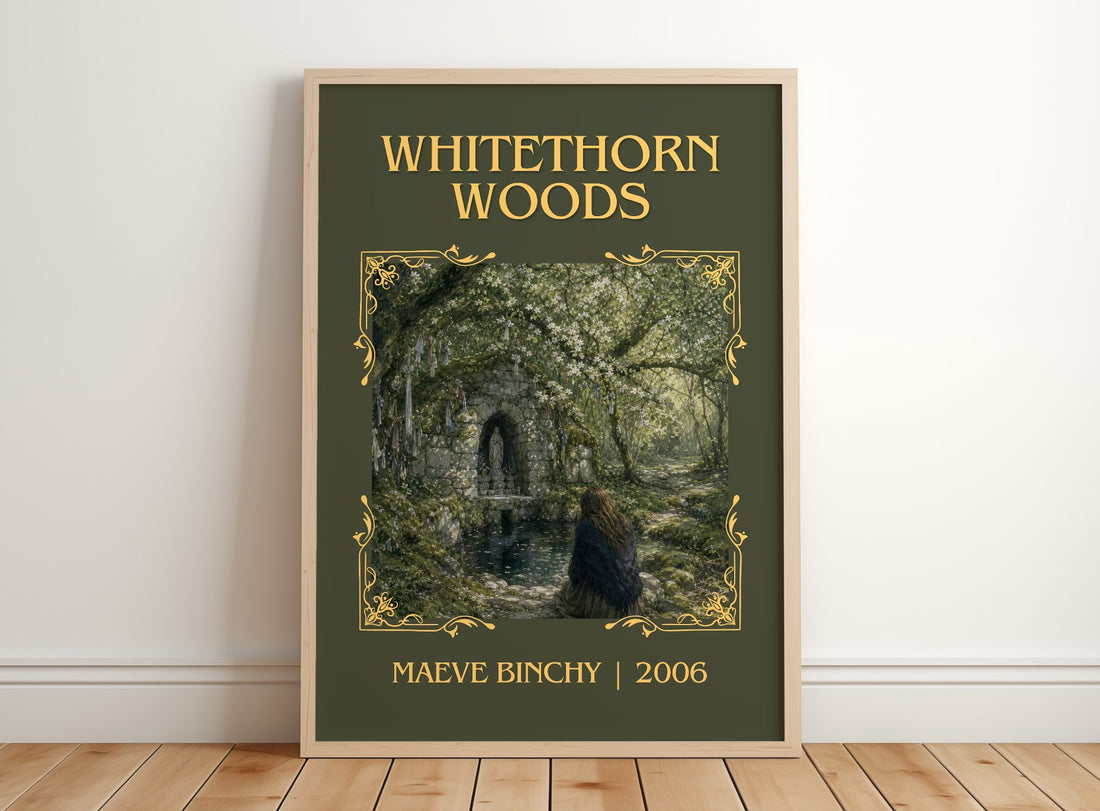 Whitethorn Woods Classic Book Art Print by Maeve Binchy – framed print leaning on a wooden floor