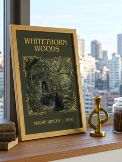Whitethorn Woods Classic Book Art Print by Maeve Binchy – framed print on a city-view windowsill