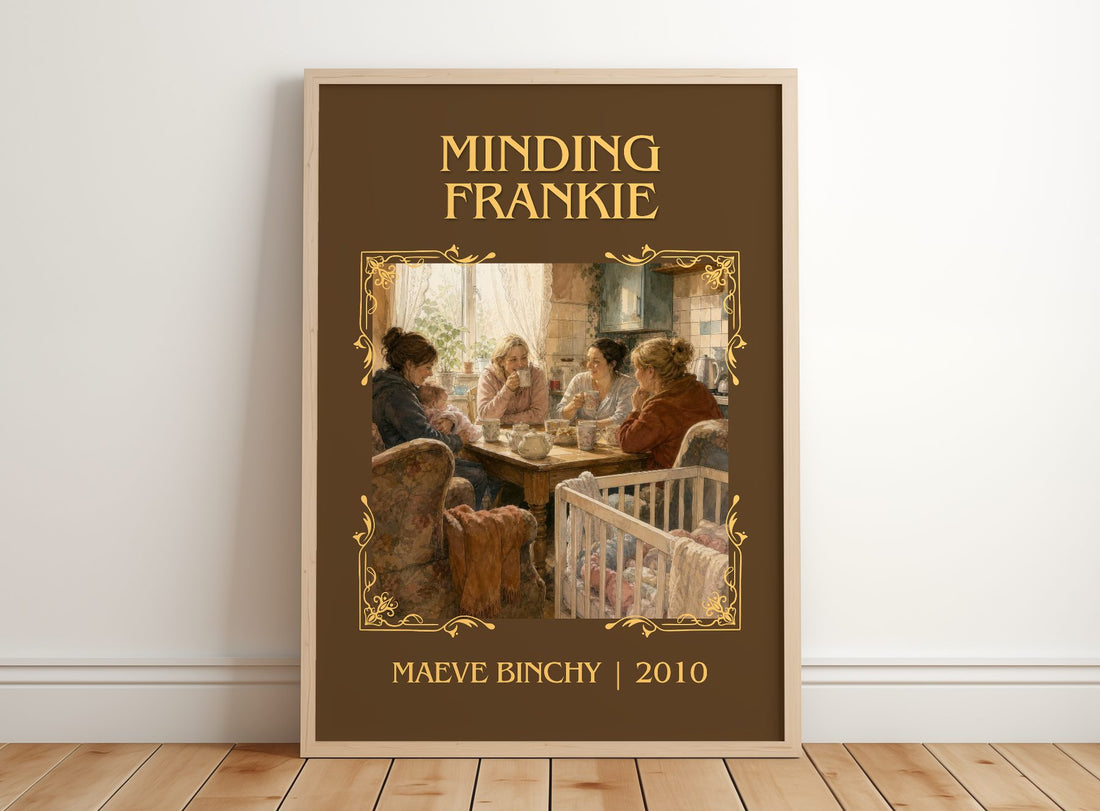 Minding Frankie Classic Book Art Print by Maeve Binchy – framed print leaning on a wooden floor