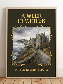 A Week in Winter Classic Book Art Print by Maeve Binchy – framed print leaning on a wooden floor