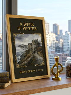 A Week in Winter Classic Book Art Print by Maeve Binchy – framed print on a city-view windowsill