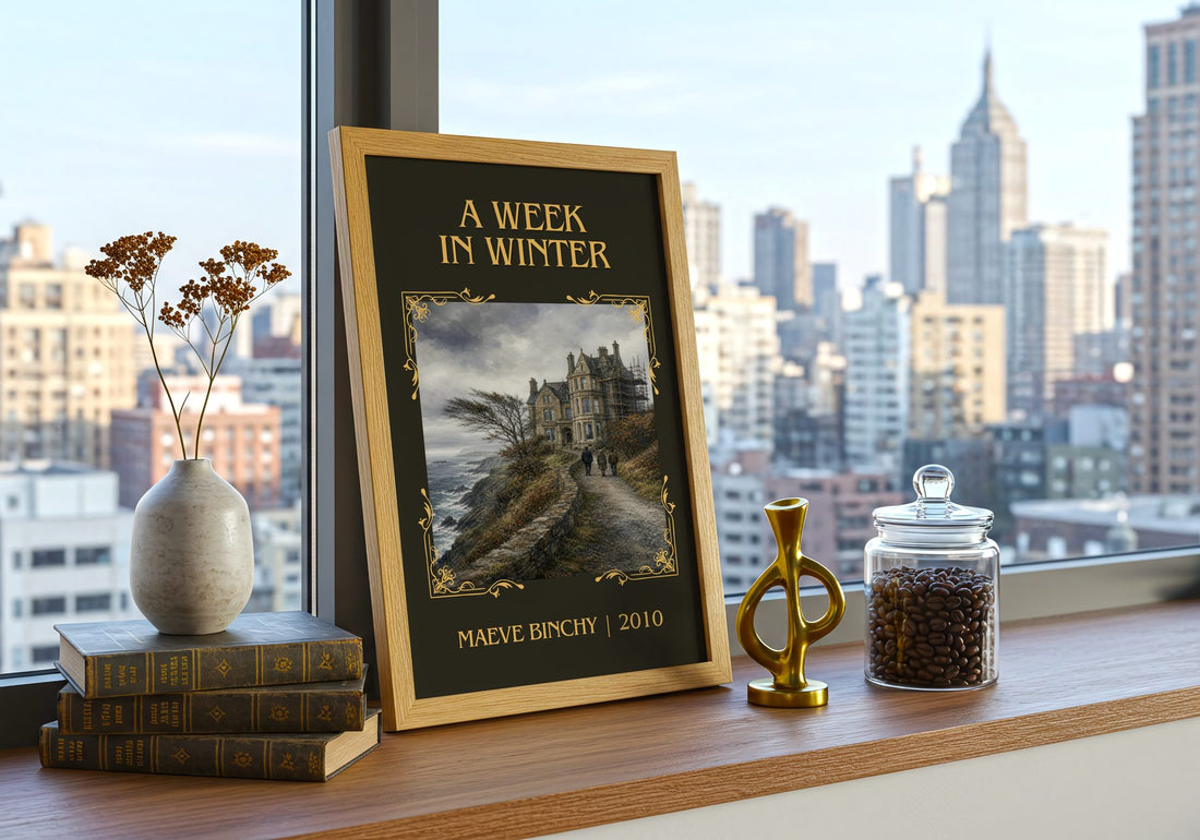 A Week in Winter Classic Book Art Print by Maeve Binchy – framed print on a city-view windowsill
