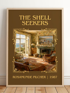 The Shell Seekers Classic Book Art Print by Rosamunde Pilcher – framed print leaning on a wooden floor