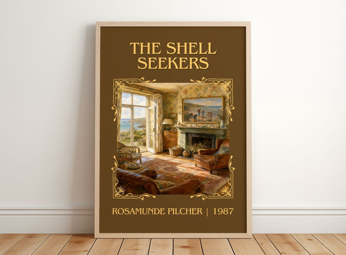The Shell Seekers Classic Book Art Print by Rosamunde Pilcher – framed print leaning on a wooden floor