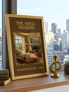 The Shell Seekers Classic Book Art Print by Rosamunde Pilcher – framed print on a city-view windowsill