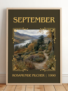 September Classic Book Art Print by Rosamunde Pilcher – framed print leaning on a wooden floor
