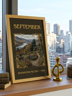 September Classic Book Art Print by Rosamunde Pilcher – framed print on a city-view windowsill