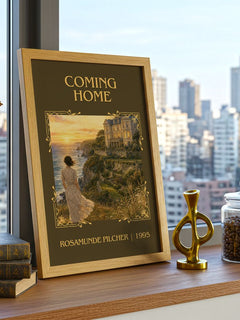 Coming Home Classic Book Art Print by Rosamunde Pilcher – framed print on a city-view windowsill