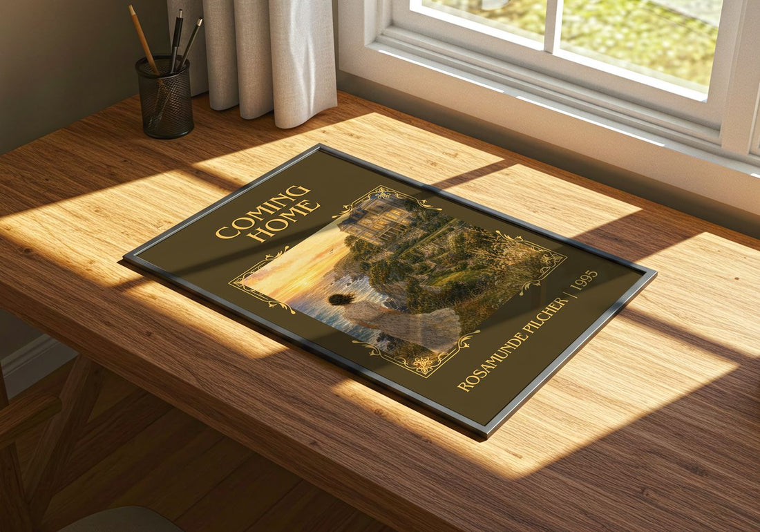 Coming Home Classic Book Art Print by Rosamunde Pilcher – print on a sunlit desk