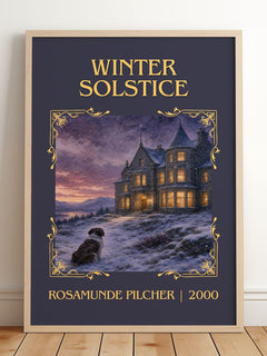 Winter Solstice Classic Book Art Print by Rosamunde Pilcher – framed print leaning on a wooden floor