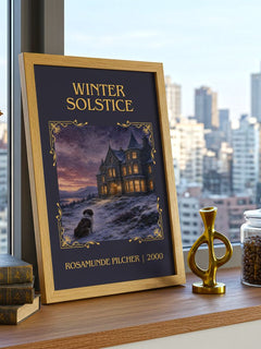 Winter Solstice Classic Book Art Print by Rosamunde Pilcher – framed print on a city-view windowsill