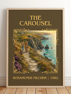 The Carousel Classic Book Art Print by Rosamunde Pilcher – framed print leaning on a wooden floor