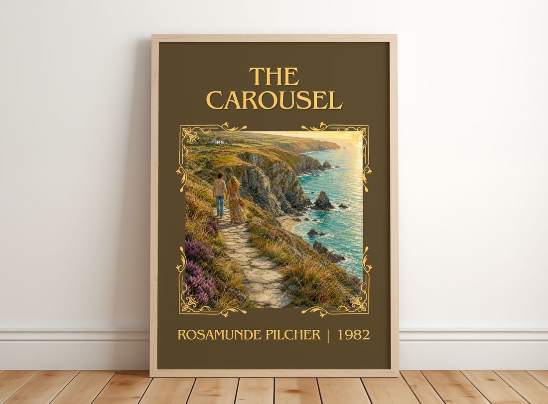 The Carousel Classic Book Art Print by Rosamunde Pilcher – framed print leaning on a wooden floor