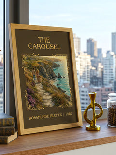 The Carousel Classic Book Art Print by Rosamunde Pilcher – framed print on a city-view windowsill