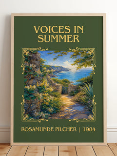 Voices in Summer Classic Book Art Print by Rosamunde Pilcher – framed print leaning on a wooden floor