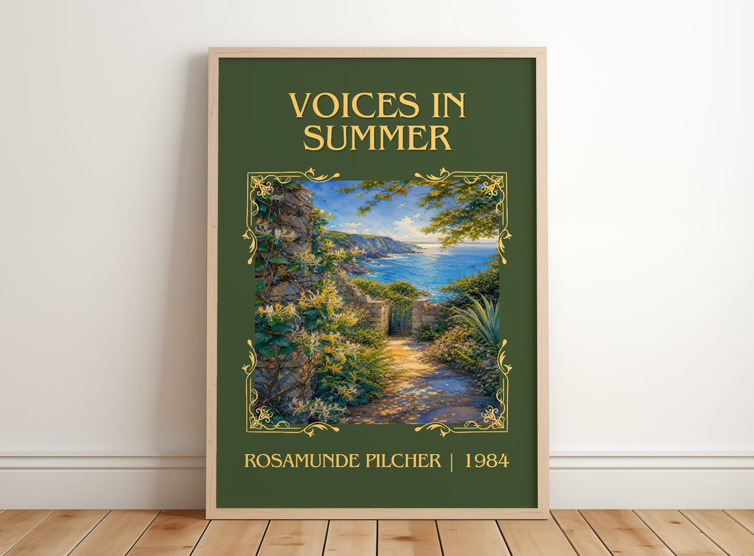 Voices in Summer Classic Book Art Print by Rosamunde Pilcher – framed print leaning on a wooden floor