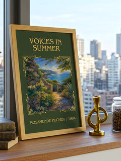 Voices in Summer Classic Book Art Print by Rosamunde Pilcher – framed print on a city-view windowsill