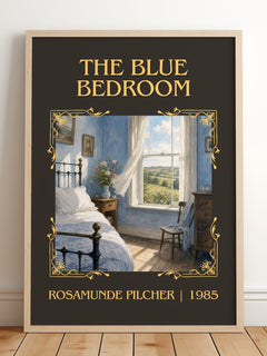 The Blue Bedroom Classic Book Art Print by Rosamunde Pilcher – framed print leaning on a wooden floor