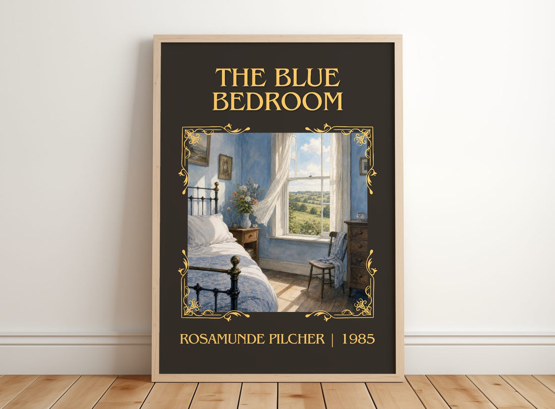 The Blue Bedroom Classic Book Art Print by Rosamunde Pilcher – framed print leaning on a wooden floor