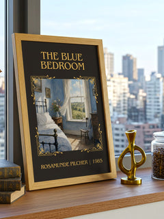 The Blue Bedroom Classic Book Art Print by Rosamunde Pilcher – framed print on a city-view windowsill