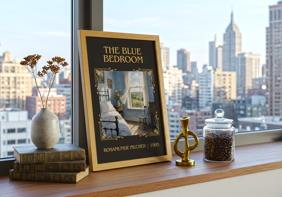 The Blue Bedroom Classic Book Art Print by Rosamunde Pilcher – framed print on a city-view windowsill