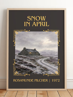 Snow in April Classic Book Art Print by Rosamunde Pilcher – framed print leaning on a wooden floor