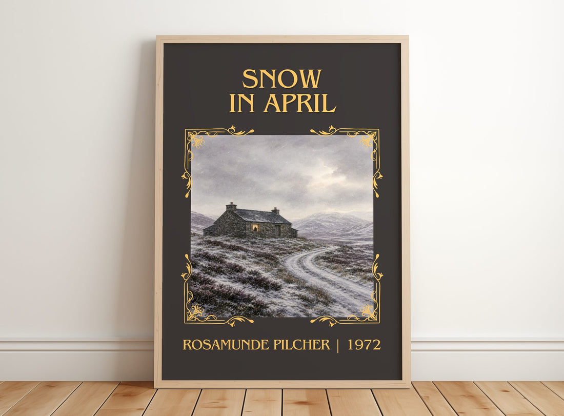 Snow in April Classic Book Art Print by Rosamunde Pilcher – framed print leaning on a wooden floor