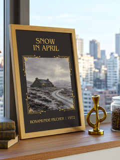 Snow in April Classic Book Art Print by Rosamunde Pilcher – framed print on a city-view windowsill