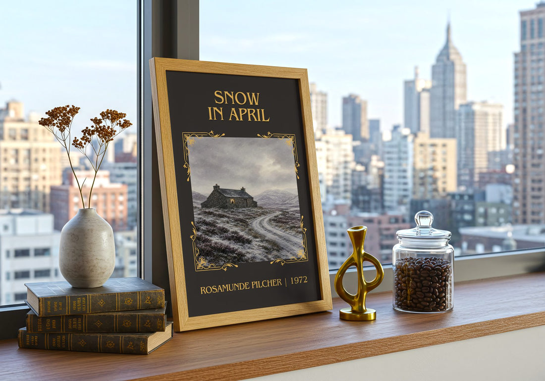 Snow in April Classic Book Art Print by Rosamunde Pilcher – framed print on a city-view windowsill