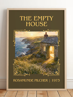 The Empty House Classic Book Art Print by Rosamunde Pilcher – framed print leaning on a wooden floor