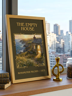 The Empty House Classic Book Art Print by Rosamunde Pilcher – framed print on a city-view windowsill