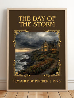 The Day of the Storm Classic Book Art Print by Rosamunde Pilcher – framed print leaning on a wooden floor