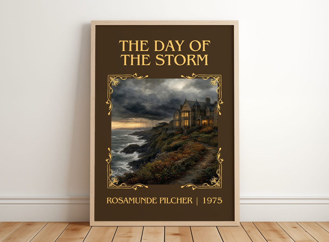 The Day of the Storm Classic Book Art Print by Rosamunde Pilcher – framed print leaning on a wooden floor