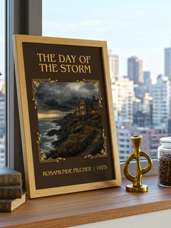 The Day of the Storm Classic Book Art Print by Rosamunde Pilcher – framed print on a city-view windowsill