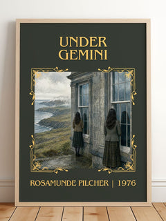 Under Gemini Classic Book Art Print by Rosamunde Pilcher – framed print leaning on a wooden floor