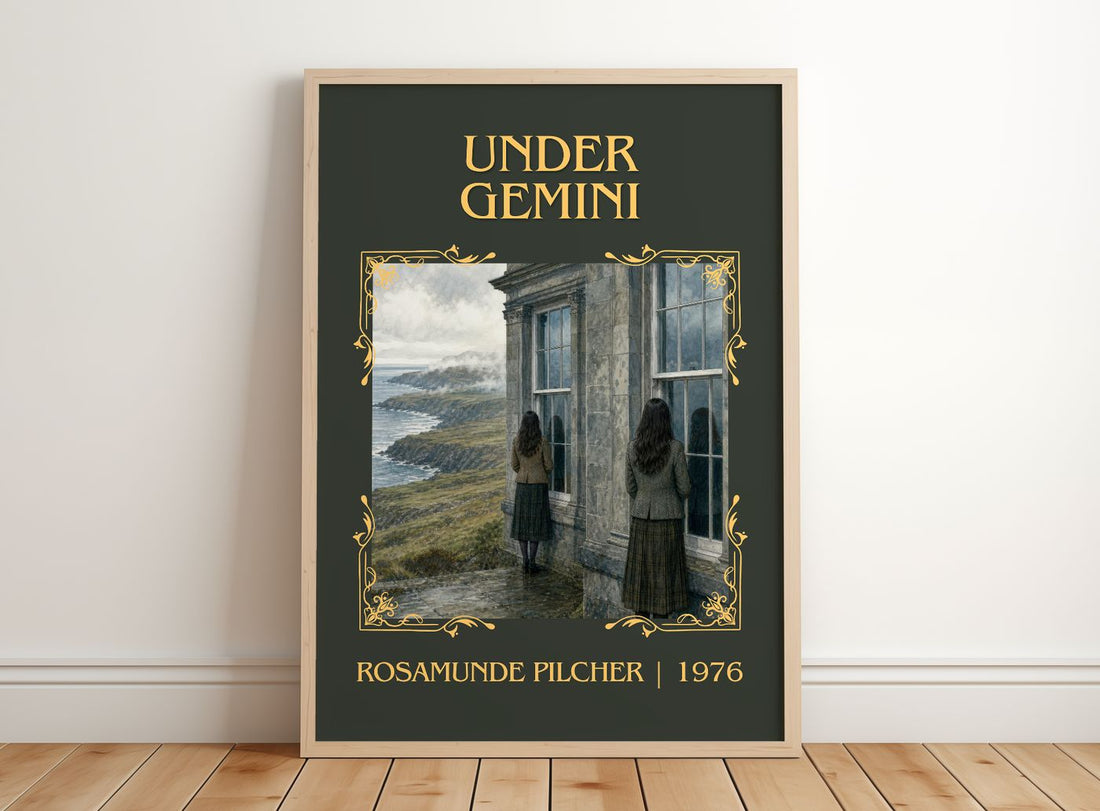 Under Gemini Classic Book Art Print by Rosamunde Pilcher – framed print leaning on a wooden floor
